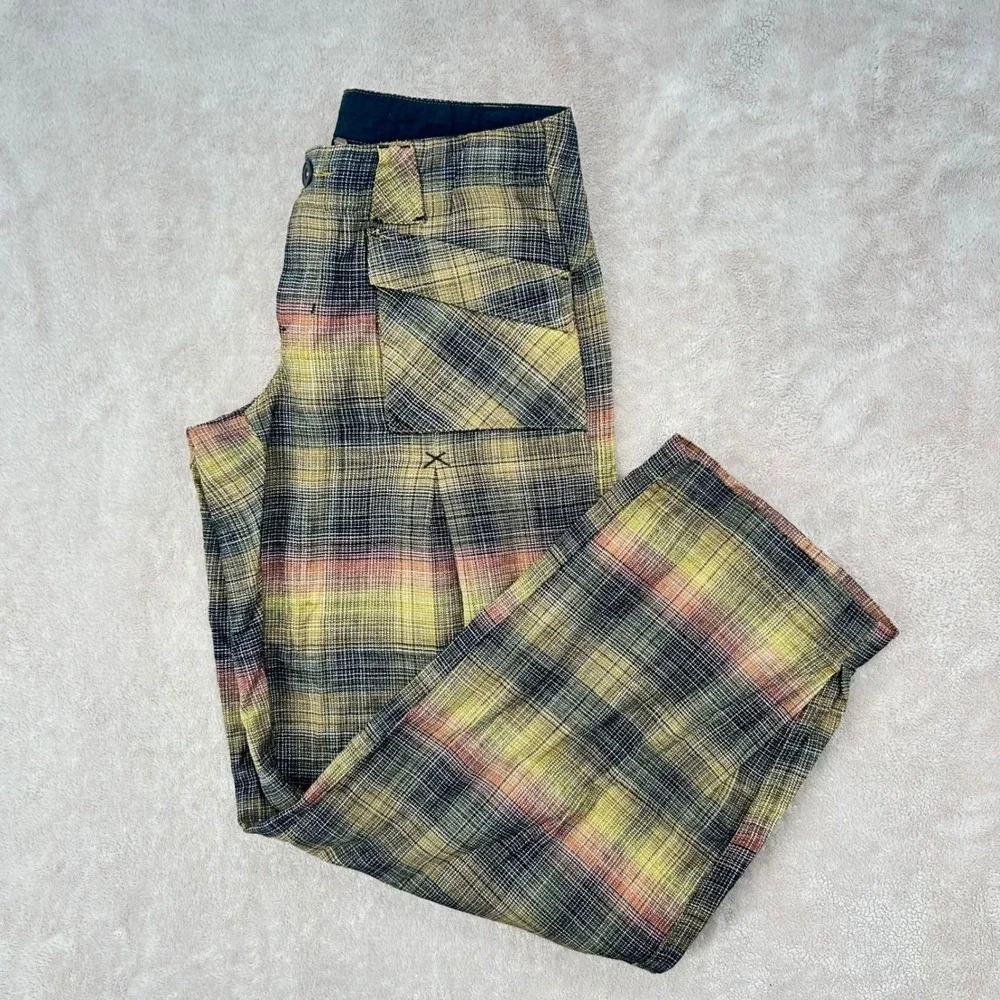 Free People‎ Ombre Plaid Wide Leg Trousers Yellow Multi Size 2 OB1387664